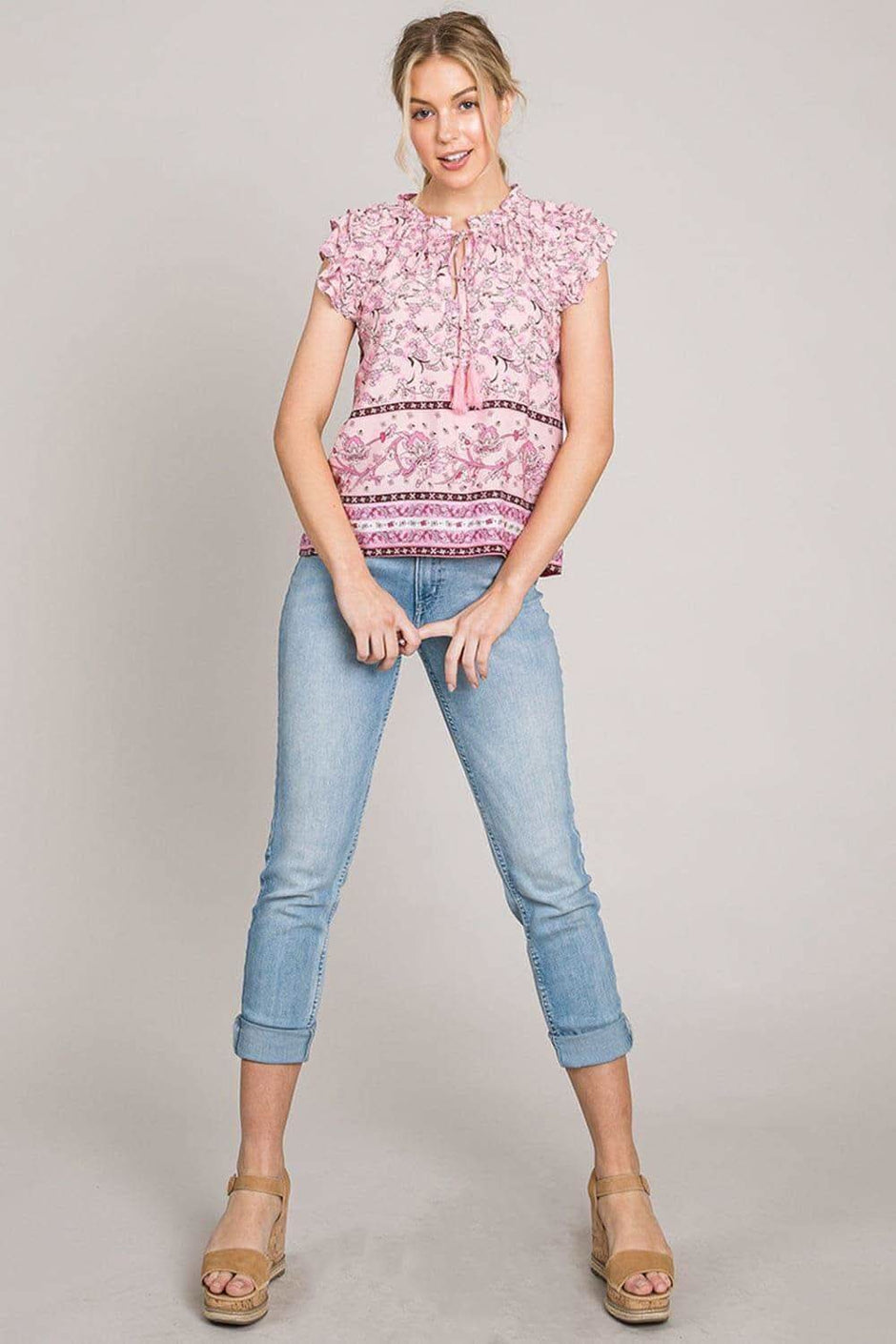 Cotton Bleu by Nu Lab Print Ruffle Sleeve Detail Blouse - SwagglyLife Home & Fashion